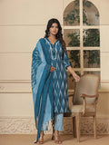 Yufta Blue Ikat Print Straight Strappy Kurta Trouser And Dupatta Set | Grocsy