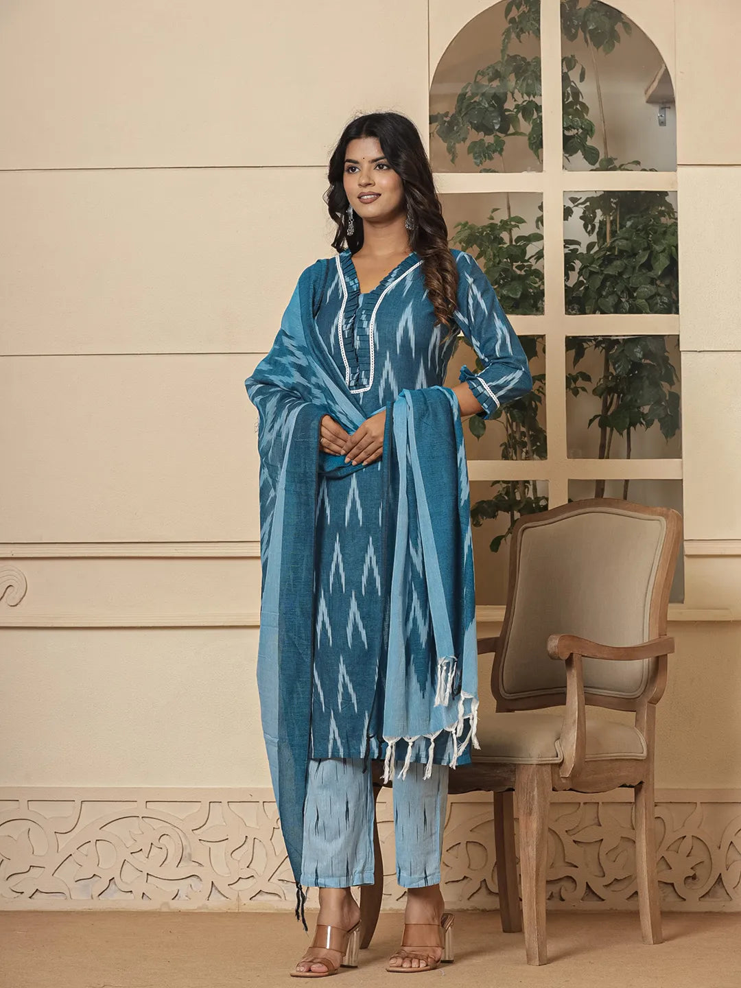 Yufta Blue Ikat Print Straight Strappy Kurta Trouser And Dupatta Set | Grocsy