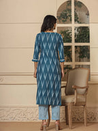 Yufta Blue Ikat Print Straight Strappy Kurta Trouser And Dupatta Set | Grocsy