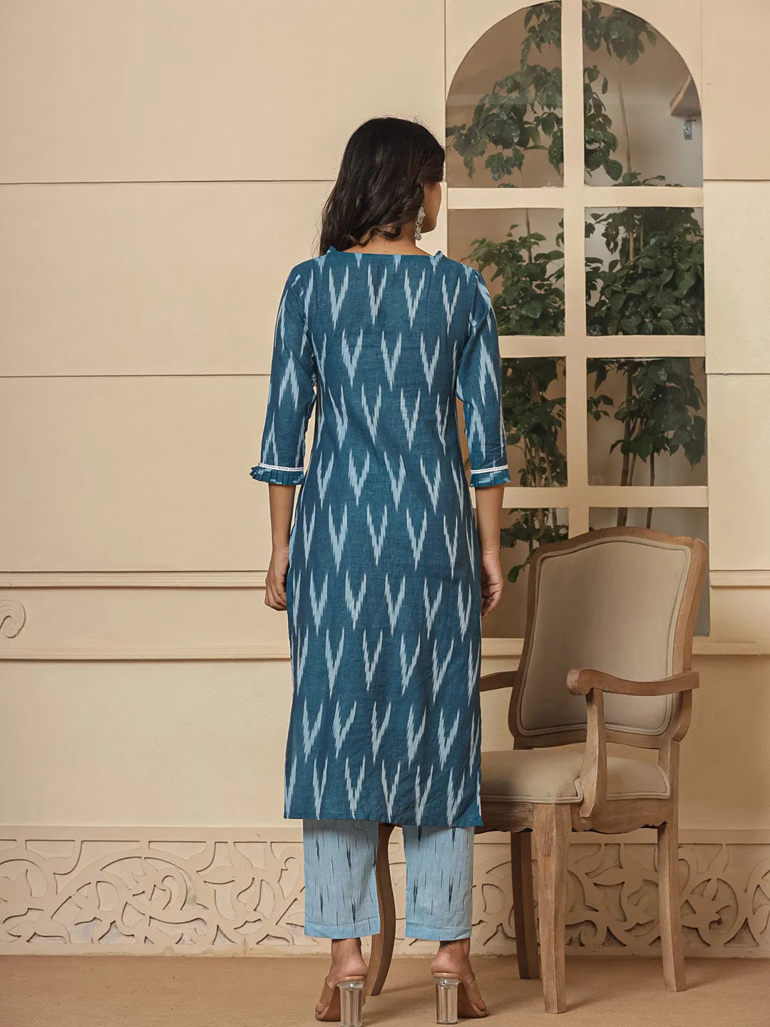 Yufta Blue Ikat Print Straight Strappy Kurta Trouser And Dupatta Set | Grocsy