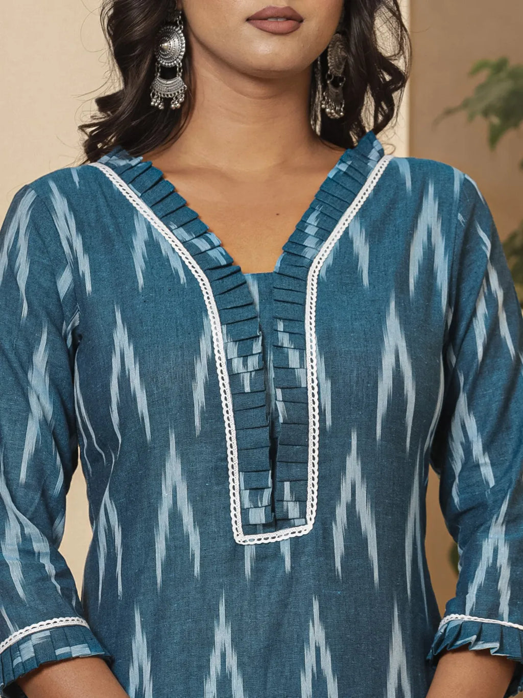Yufta Blue Ikat Print Straight Strappy Kurta Trouser And Dupatta Set | Grocsy