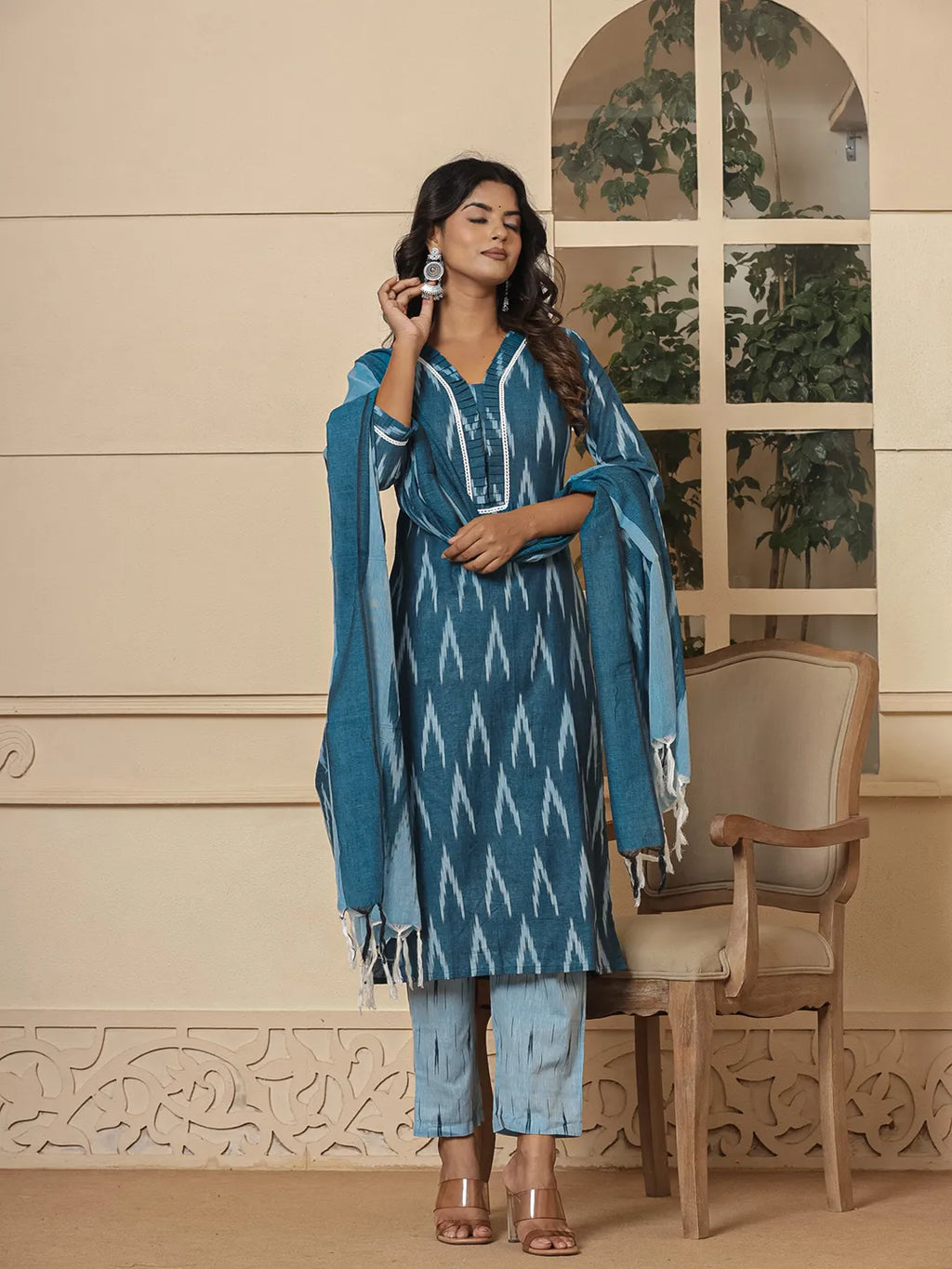 Yufta Blue Ikat Print Straight Strappy Kurta Trouser And Dupatta Set | Grocsy