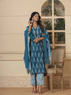 Yufta Blue Ikat Print Straight Strappy Kurta Trouser And Dupatta Set | Grocsy