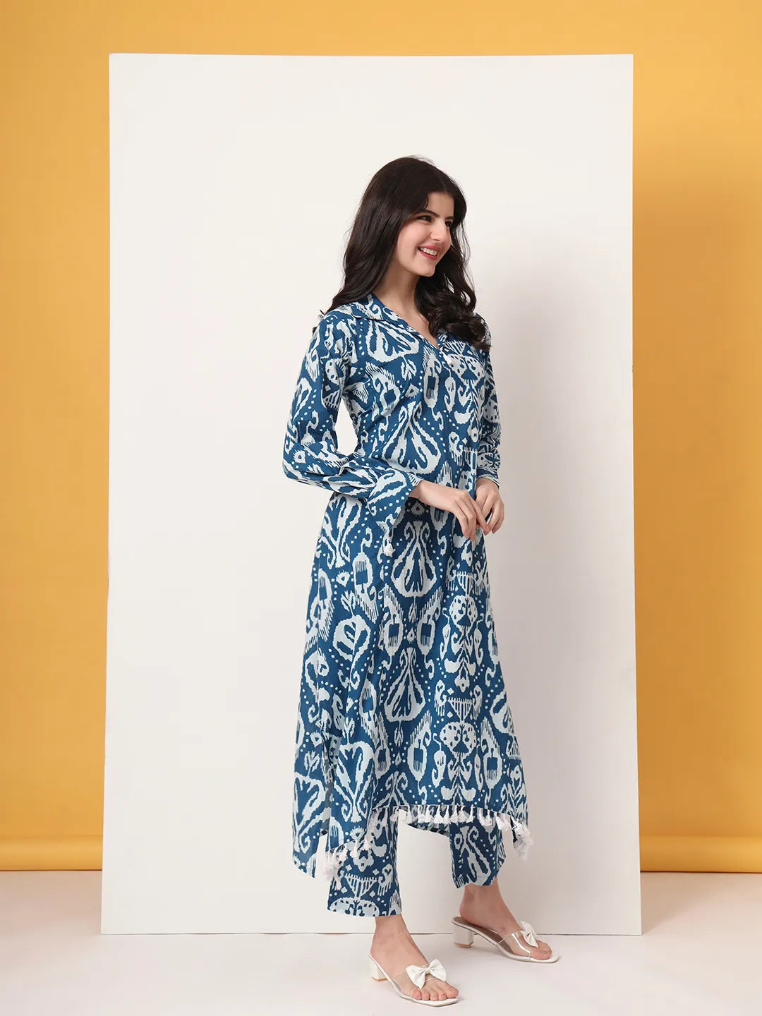 Yufta Blue Ikat Pure Cotton High Low Cord Set | Grocsy