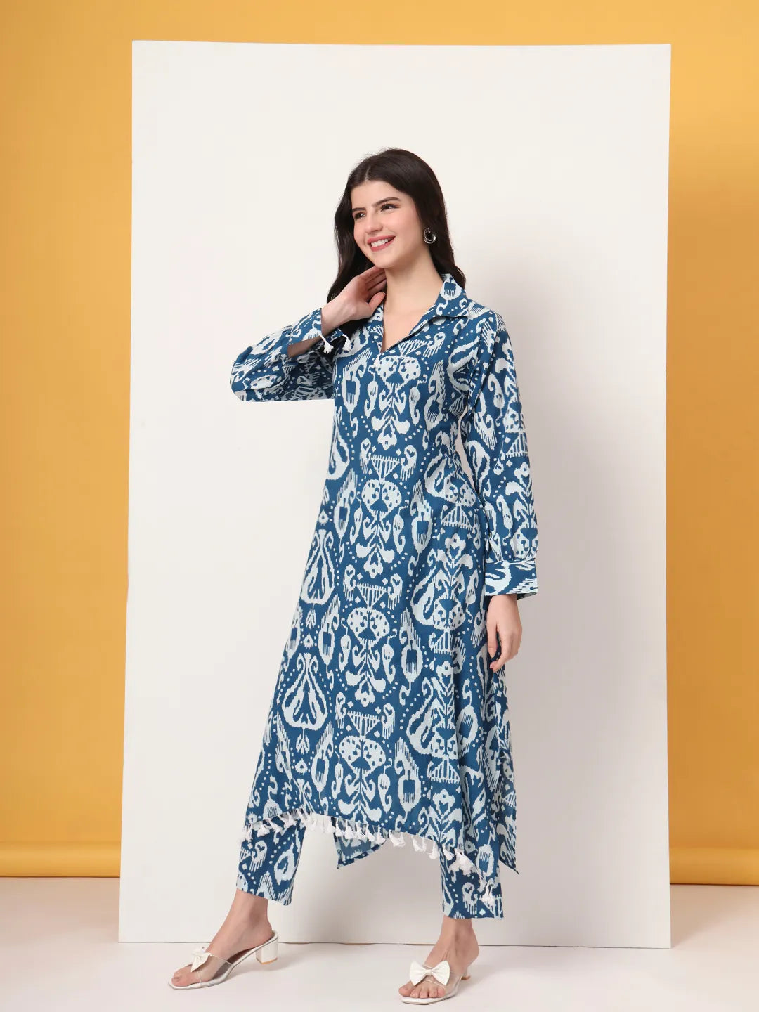 Yufta Blue Ikat Pure Cotton High Low Cord Set | Grocsy