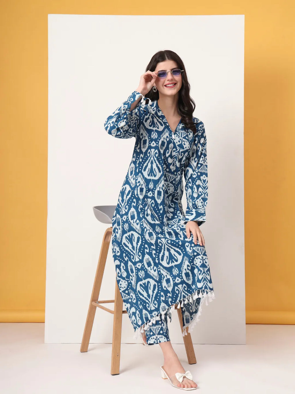 Yufta Blue Ikat Pure Cotton High Low Cord Set | Grocsy