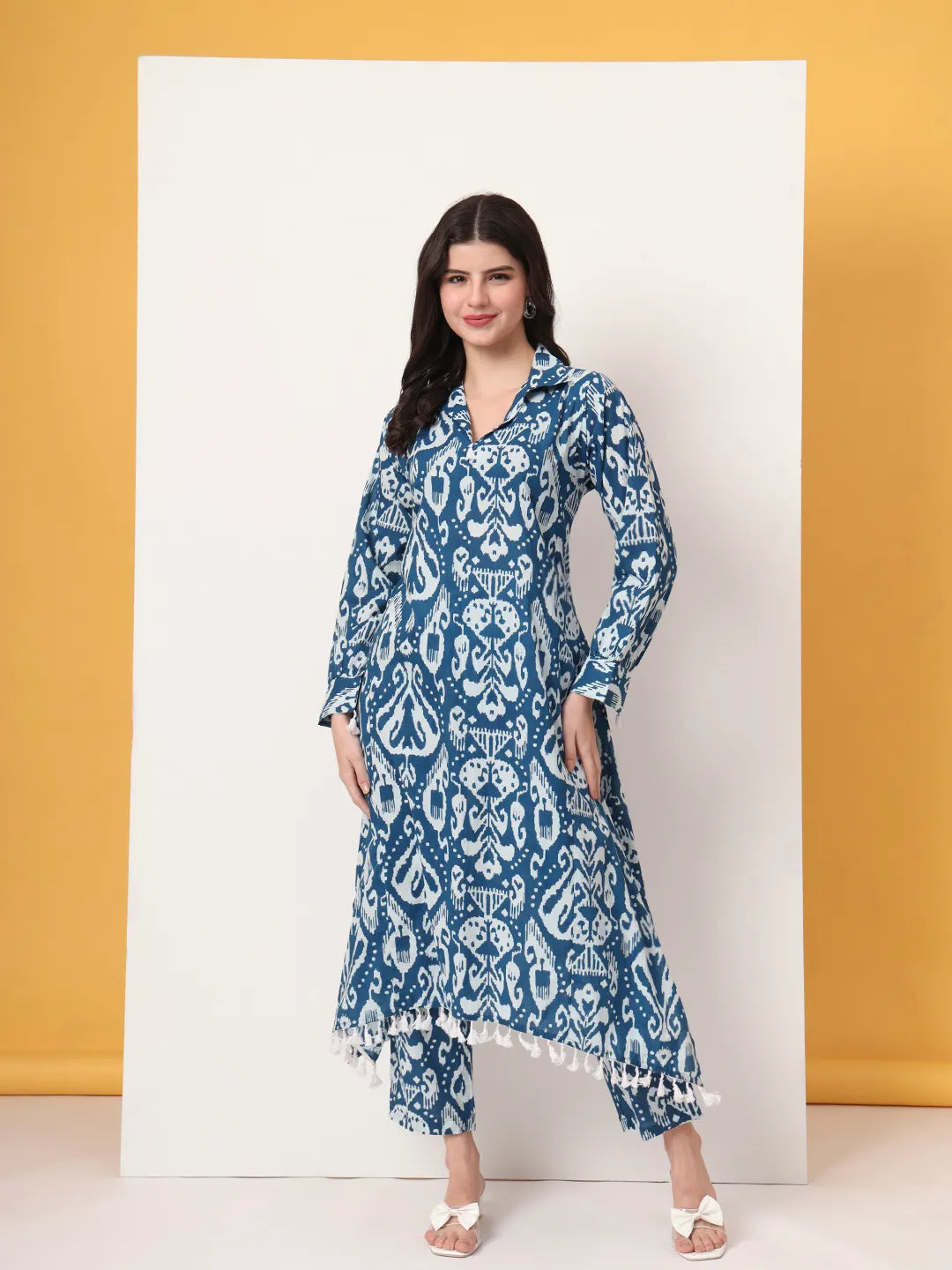 Yufta Blue Ikat Pure Cotton High Low Cord Set | Grocsy
