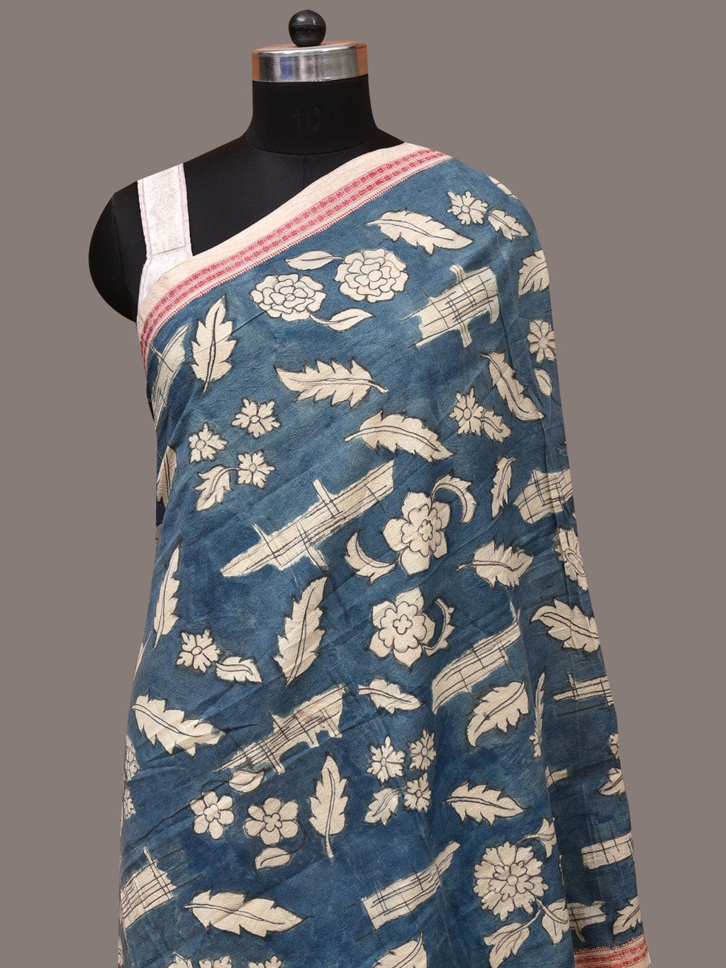 Blue Kalamkari Hand Painted Cotton Handloom Dupatta with Leaves and Doby Border Design - Global Threads | Grocsy