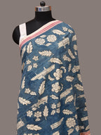 Blue Kalamkari Hand Painted Cotton Handloom Dupatta with Leaves and Doby Border Design - Global Threads | Grocsy