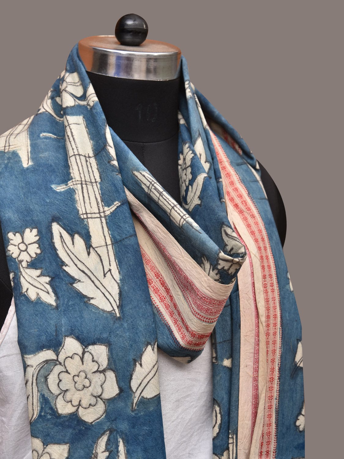 Blue Kalamkari Hand Painted Cotton Handloom Dupatta with Leaves and Doby Border Design - Global Threads | Grocsy