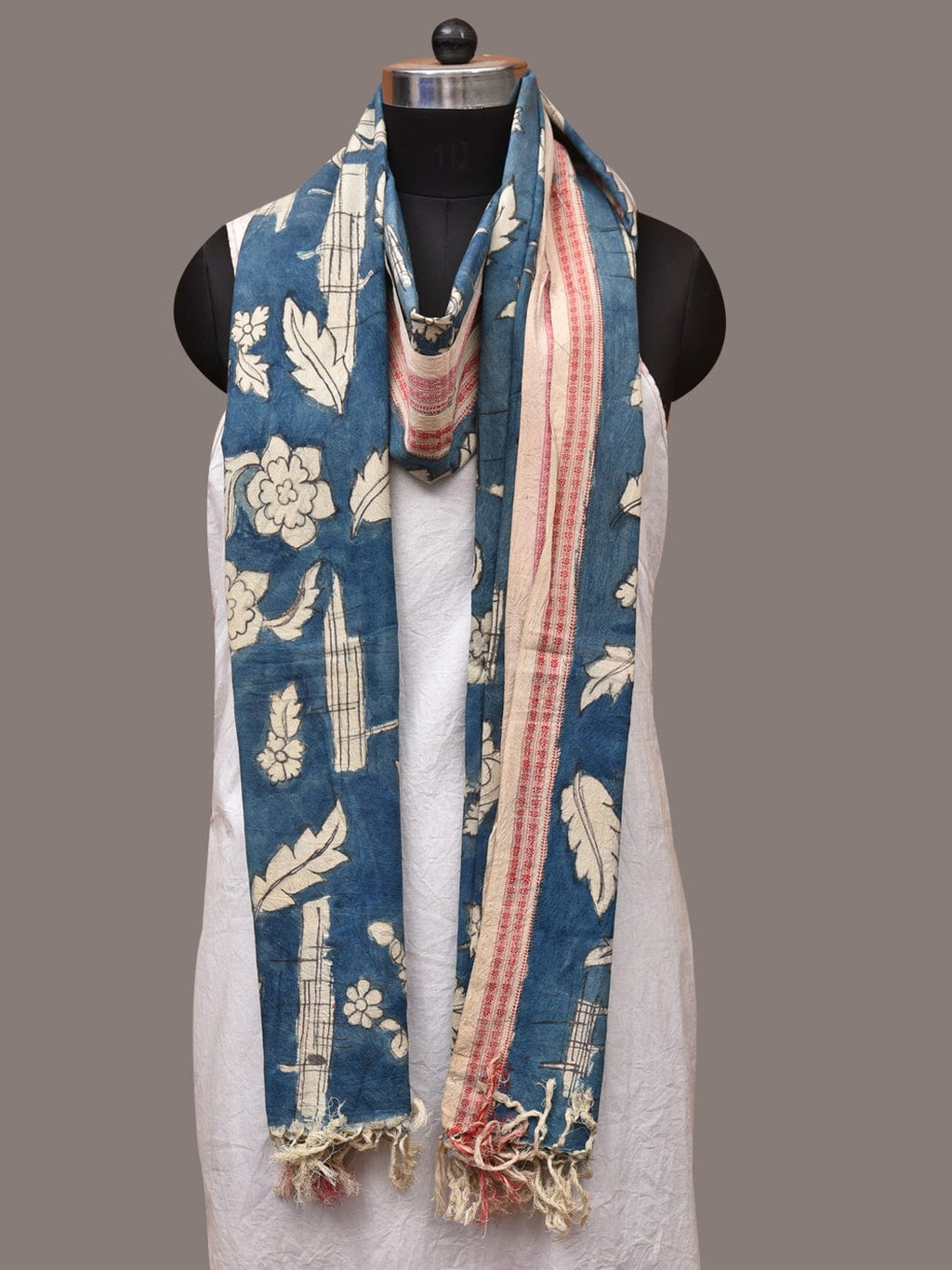 Blue Kalamkari Hand Painted Cotton Handloom Dupatta with Leaves and Doby Border Design - Global Threads | Grocsy