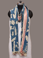 Blue Kalamkari Hand Painted Cotton Handloom Dupatta with Leaves and Doby Border Design - Global Threads | Grocsy