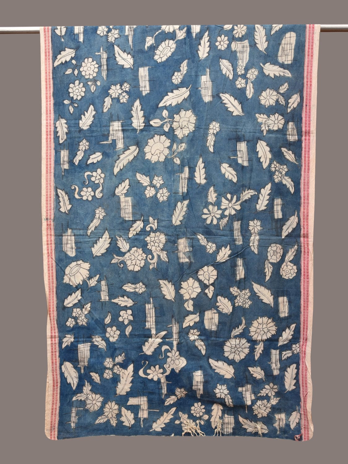 Blue Kalamkari Hand Painted Cotton Handloom Dupatta with Leaves and Doby Border Design - Global Threads | Grocsy