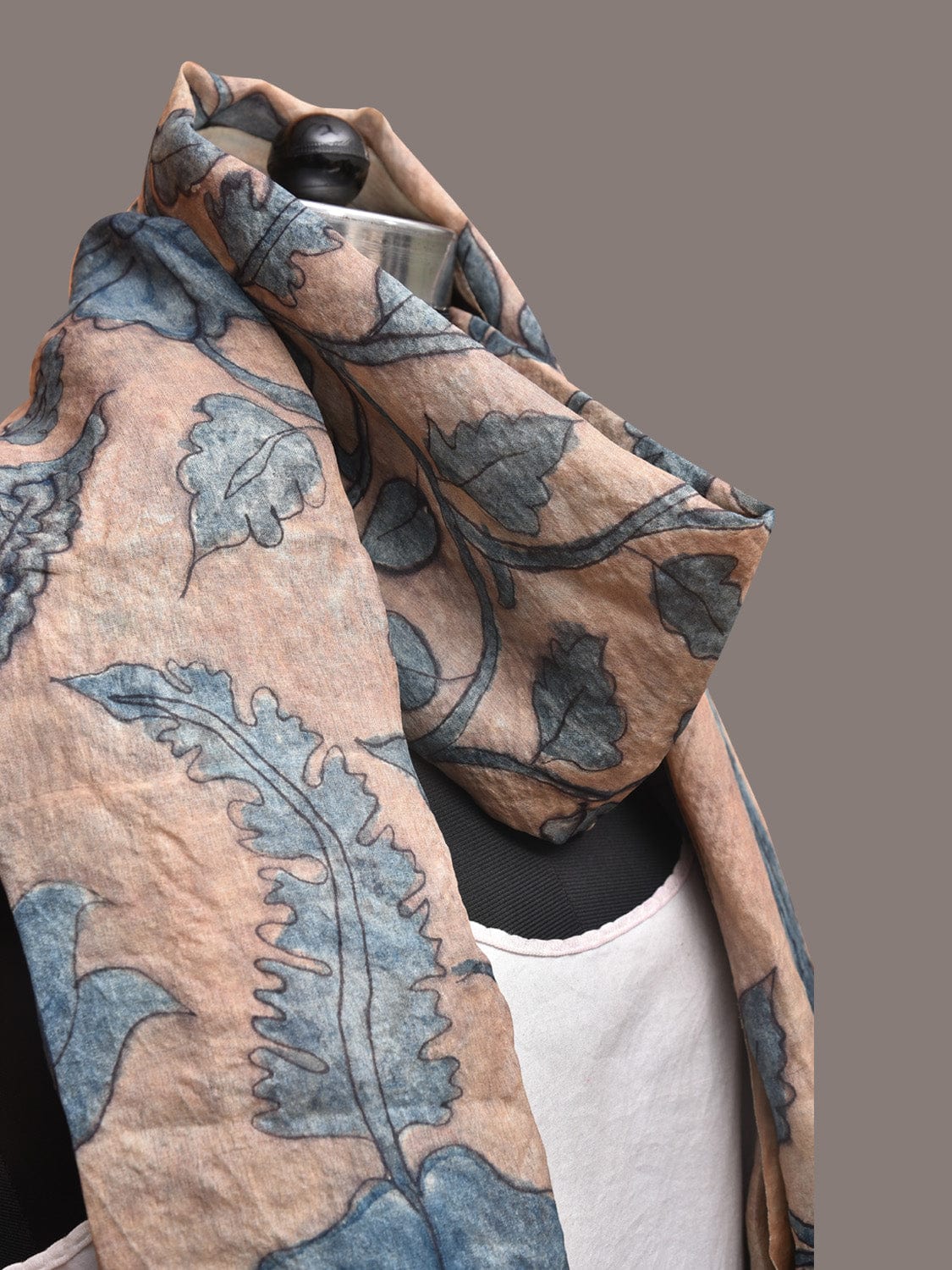 Blue Kalamkari Hand Painted Tussar Dupatta with Floral Design - Global Threads | Grocsy