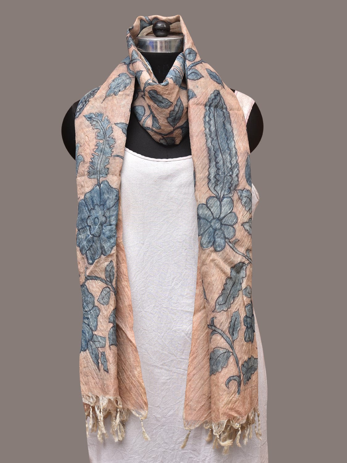 Blue Kalamkari Hand Painted Tussar Dupatta with Floral Design - Global Threads | Grocsy