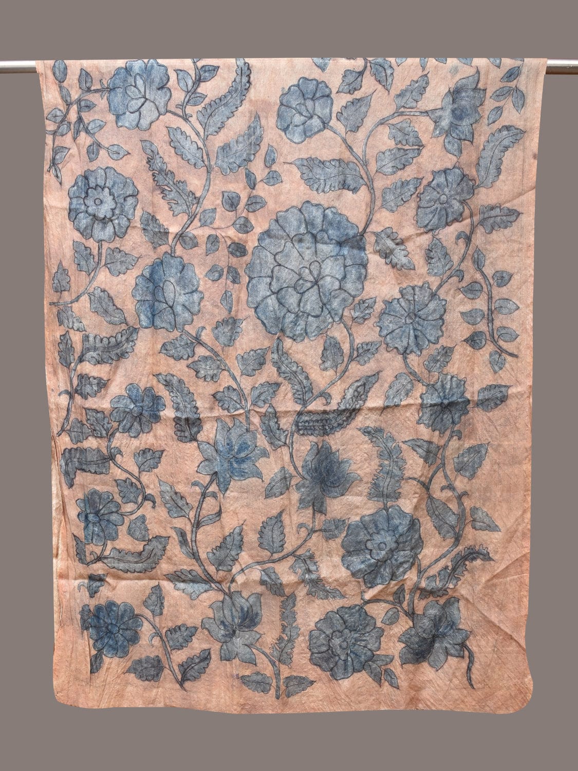 Blue Kalamkari Hand Painted Tussar Dupatta with Floral Design - Global Threads | Grocsy
