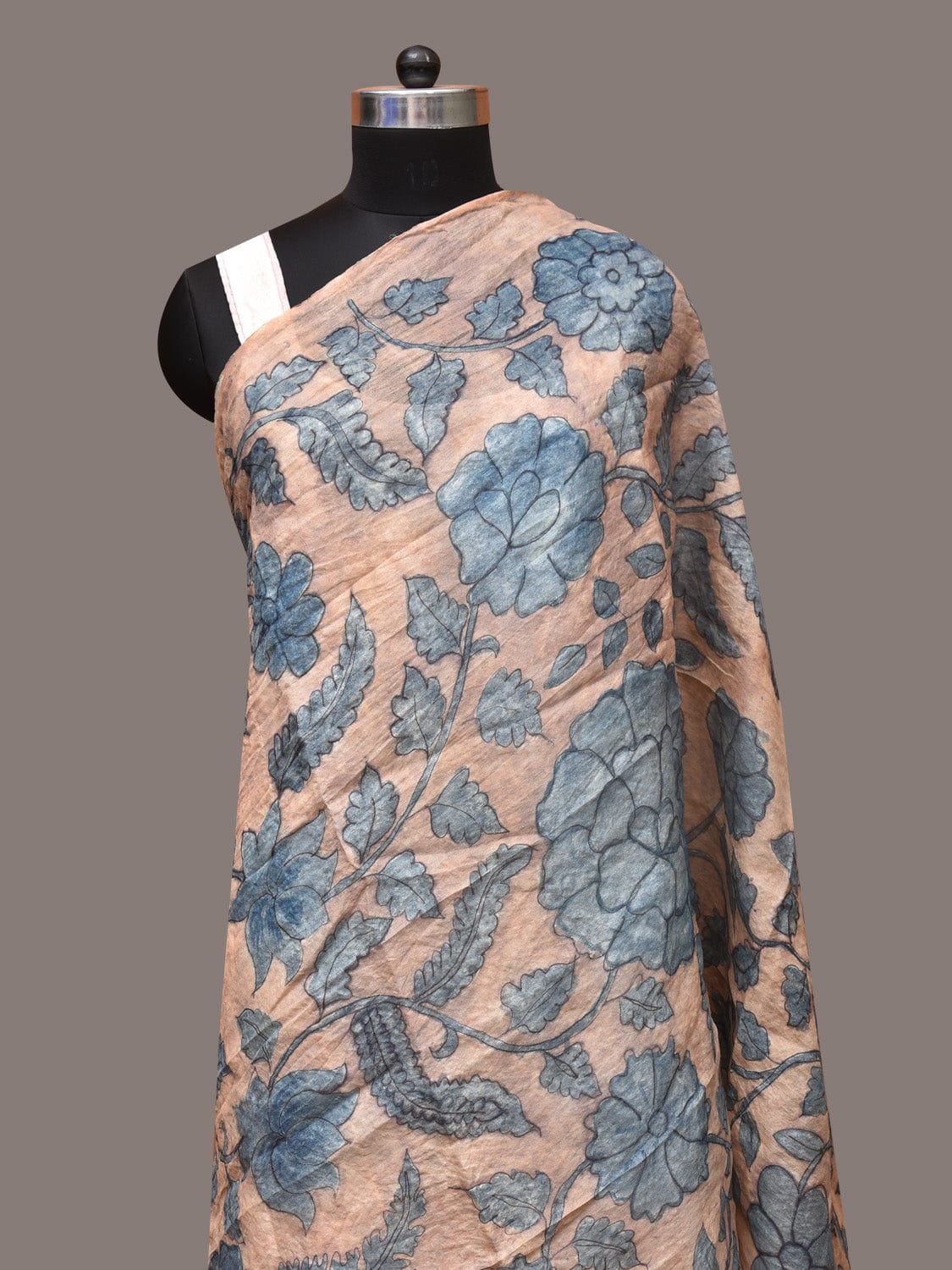Blue Kalamkari Hand Painted Tussar Dupatta with Floral Design - Global Threads | Grocsy