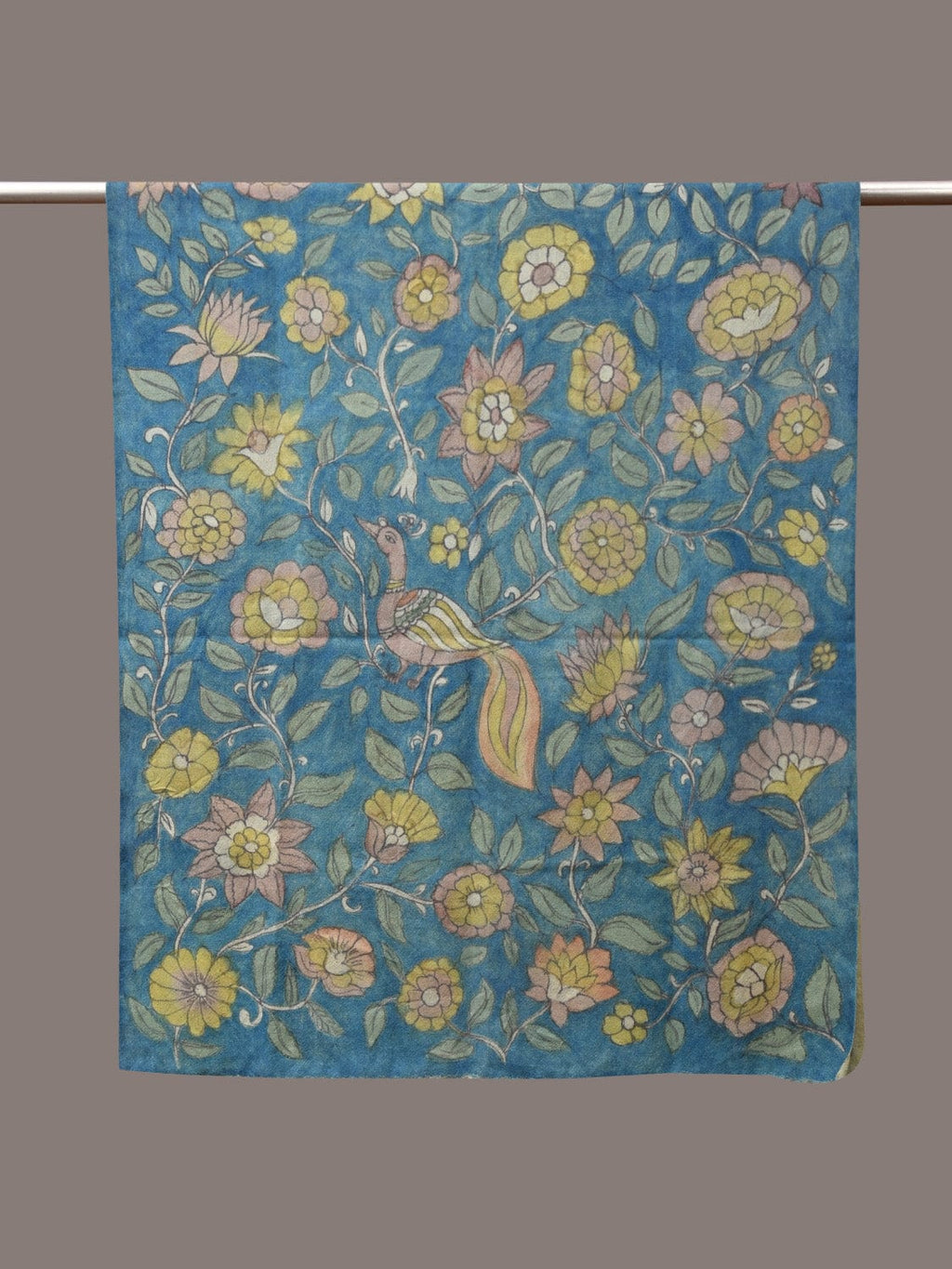 Blue Kalamkari Hand Painted Woolen Handloom Dupatta with Floral and Peacock Design - Global Threads | Grocsy