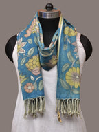 Blue Kalamkari Hand Painted Woolen Handloom Dupatta with Floral and Peacock Design - Global Threads | Grocsy