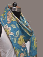 Blue Kalamkari Hand Painted Woolen Handloom Dupatta with Floral and Peacock Design - Global Threads | Grocsy