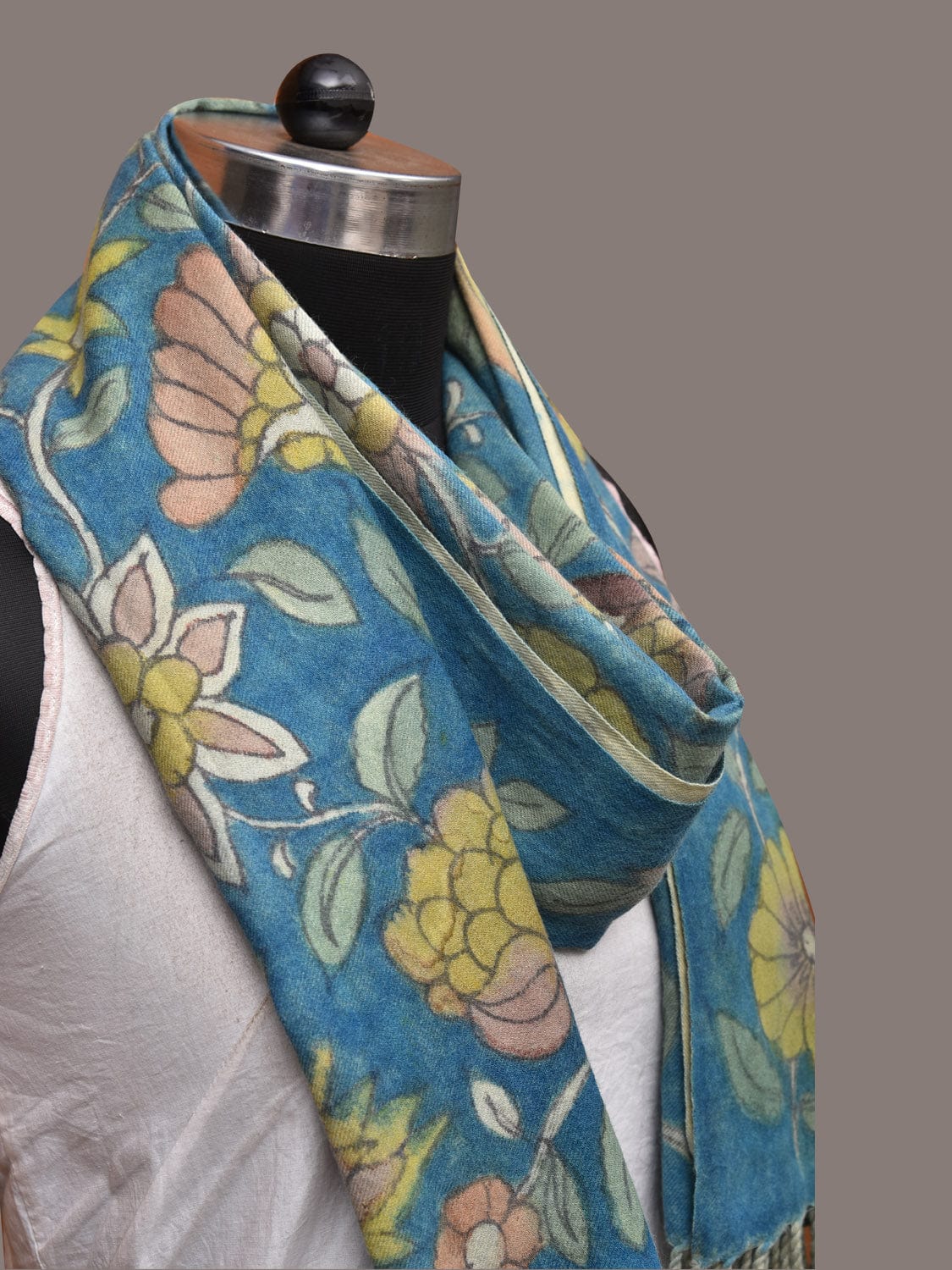 Blue Kalamkari Hand Painted Woolen Handloom Dupatta with Floral and Peacock Design - Global Threads | Grocsy