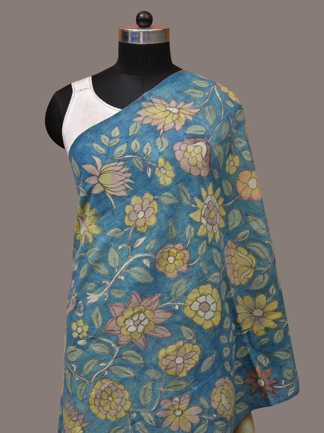 Blue Kalamkari Hand Painted Woolen Handloom Dupatta with Floral and Peacock Design - Global Threads | Grocsy