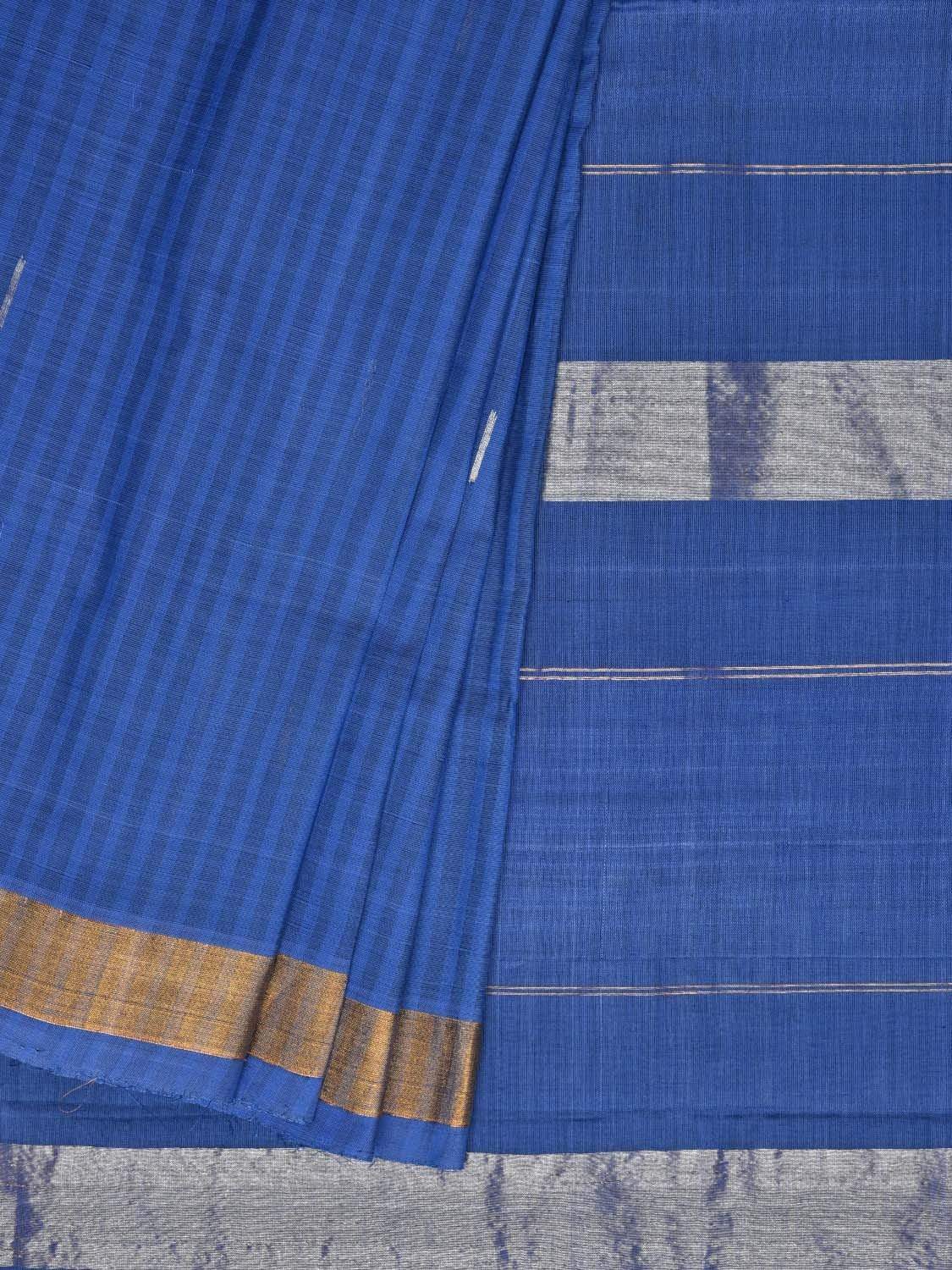 Blue Khadi Cotton Handloom Saree with Zari Strips Design - Global Threads | Grocsy