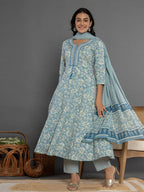 Yufta Blue Mirror_Work Cotton Anarkali Kurta Duppta Set | Grocsy