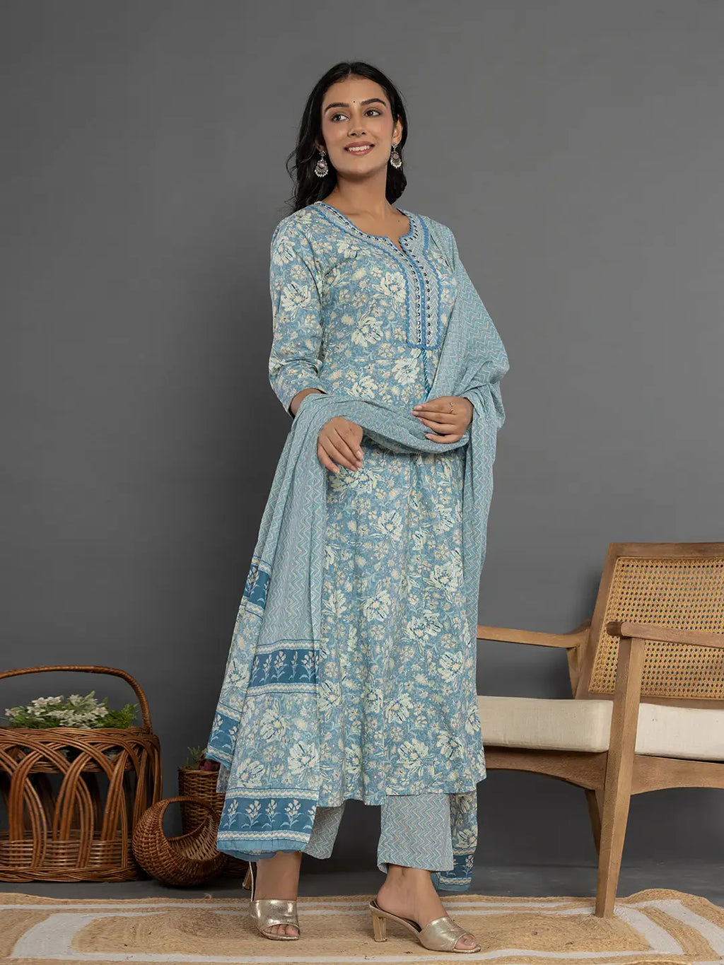 Yufta Blue Mirror_Work Cotton Anarkali Kurta Duppta Set | Grocsy