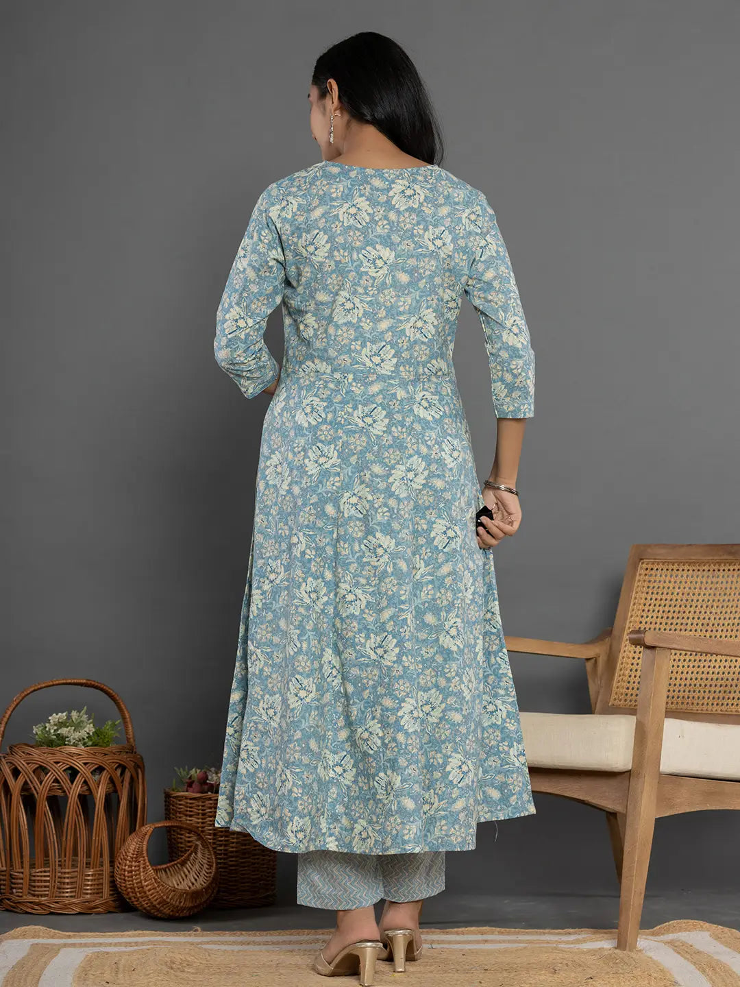 Yufta Blue Mirror_Work Cotton Anarkali Kurta Duppta Set | Grocsy