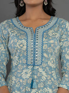 Yufta Blue Mirror_Work Cotton Anarkali Kurta Duppta Set | Grocsy