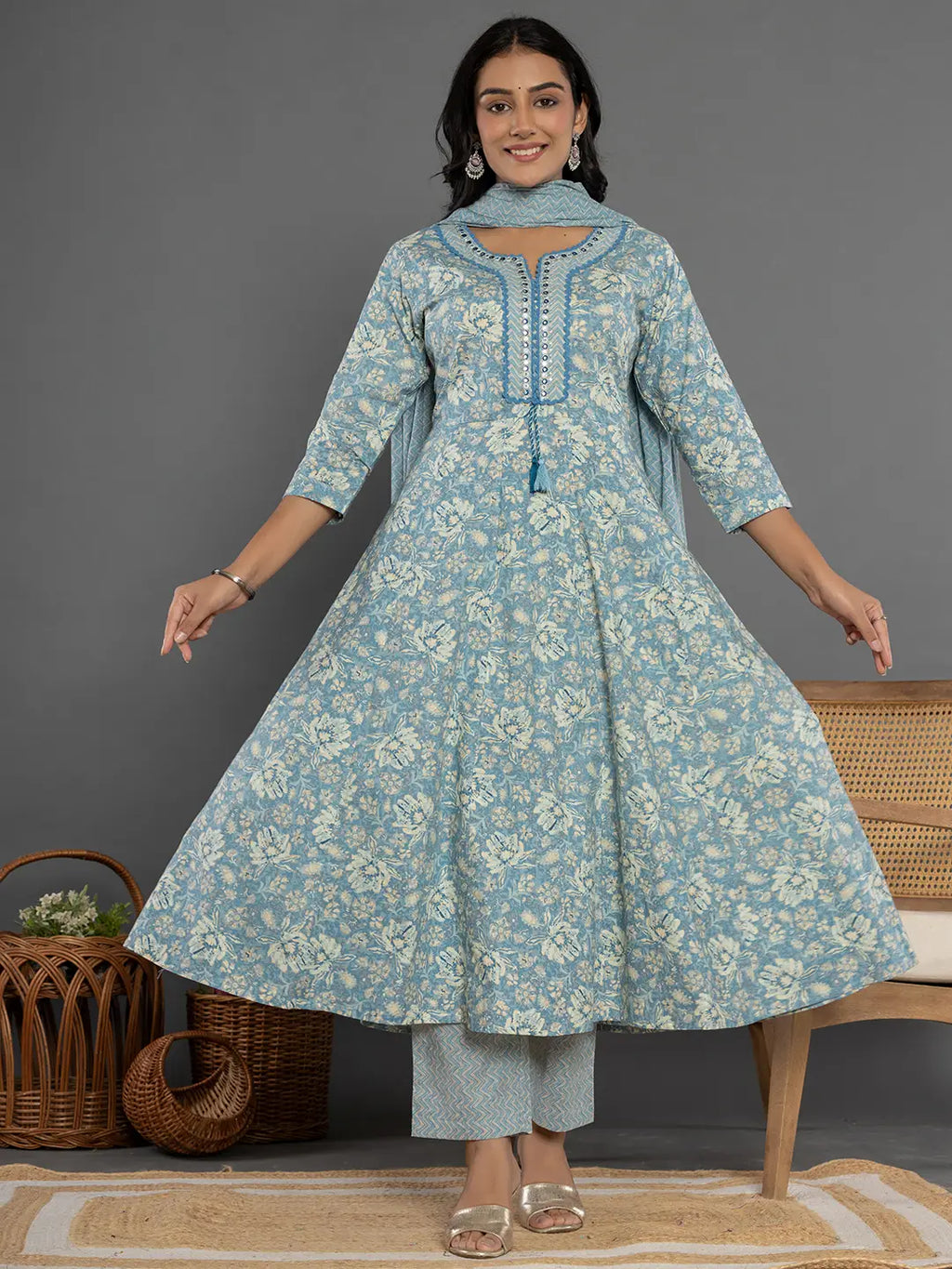 Yufta Blue Mirror_Work Cotton Anarkali Kurta Duppta Set | Grocsy
