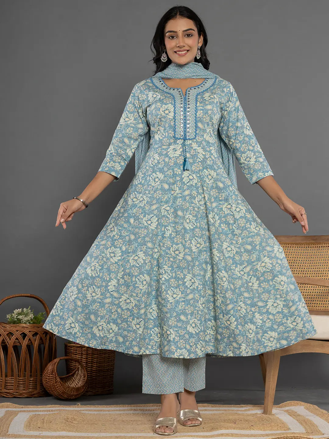 Yufta Blue Mirror_Work Cotton Anarkali Kurta Duppta Set | Grocsy