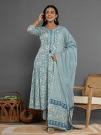 Yufta Blue Mirror_Work Cotton Anarkali Kurta Duppta Set | Grocsy