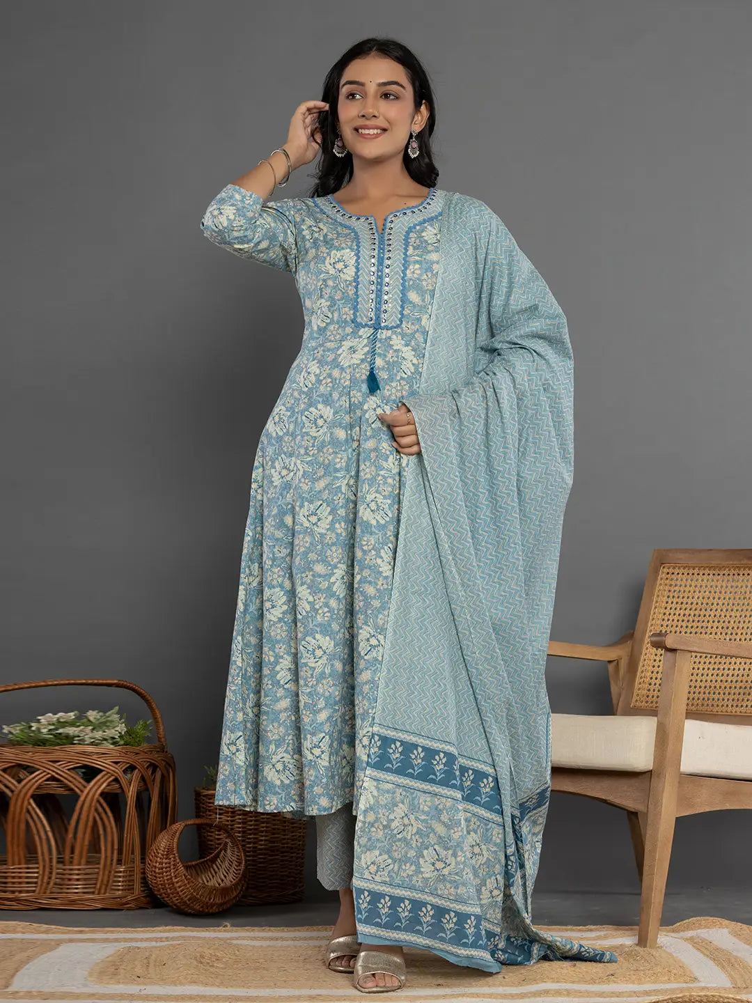 Yufta Blue Mirror_Work Cotton Anarkali Kurta Duppta Set | Grocsy