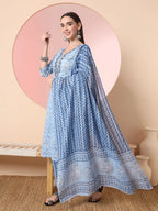 Yufta Blue Pure Cotton Embroidered Kurta Set With Pant & Dupatta | Grocsy