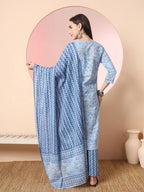 Yufta Blue Pure Cotton Embroidered Kurta Set With Pant & Dupatta | Grocsy