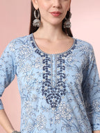 Yufta Blue Pure Cotton Embroidered Kurta Set With Pant & Dupatta | Grocsy