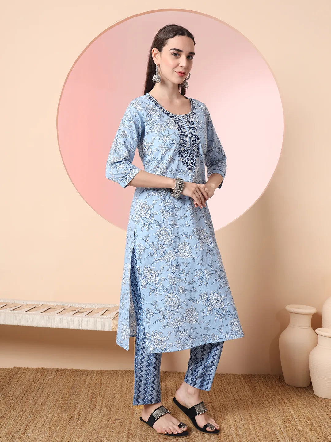 Yufta Blue Pure Cotton Embroidered Kurta Set With Pant & Dupatta | Grocsy