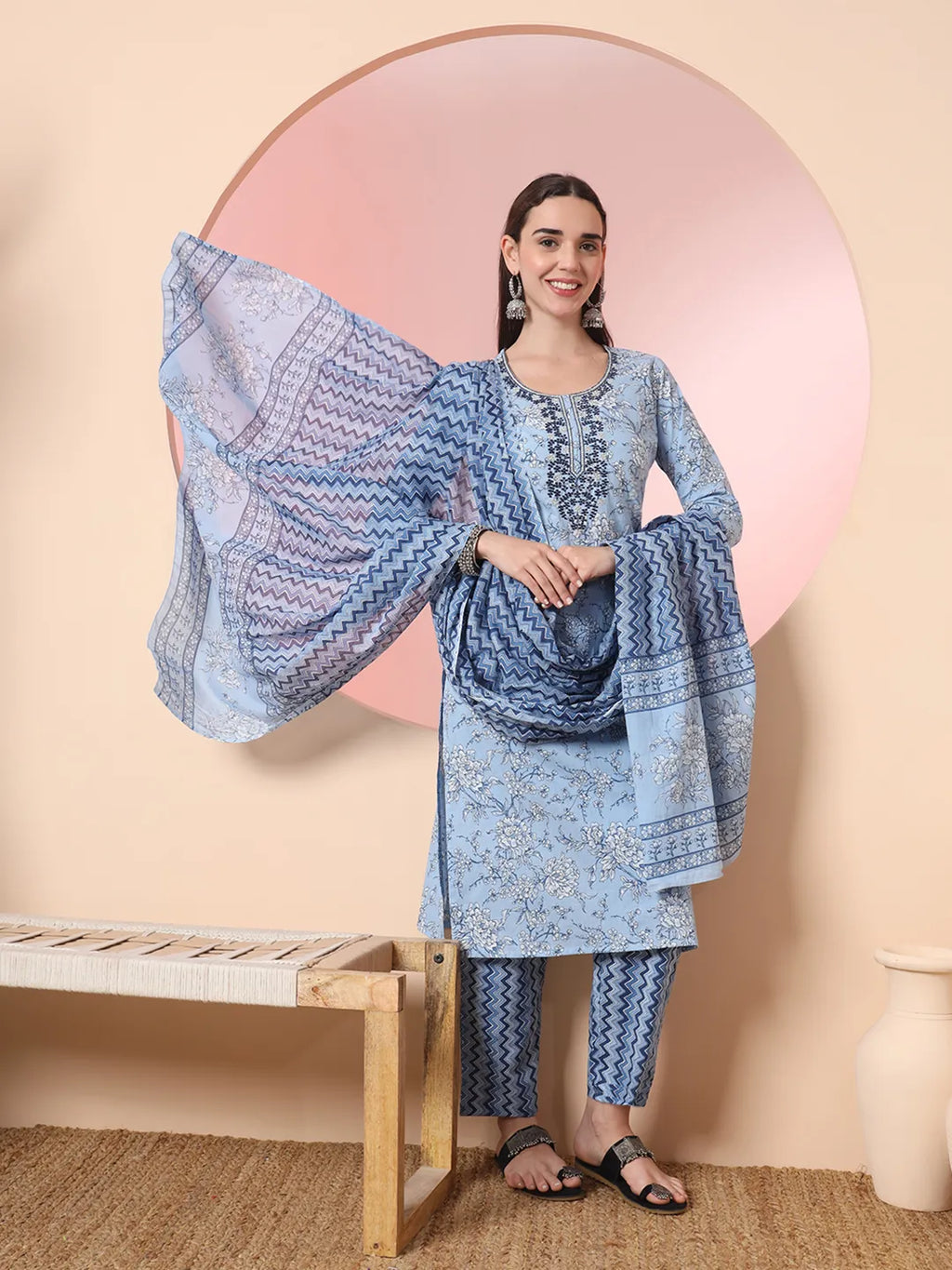 Yufta Blue Pure Cotton Embroidered Kurta Set With Pant & Dupatta | Grocsy