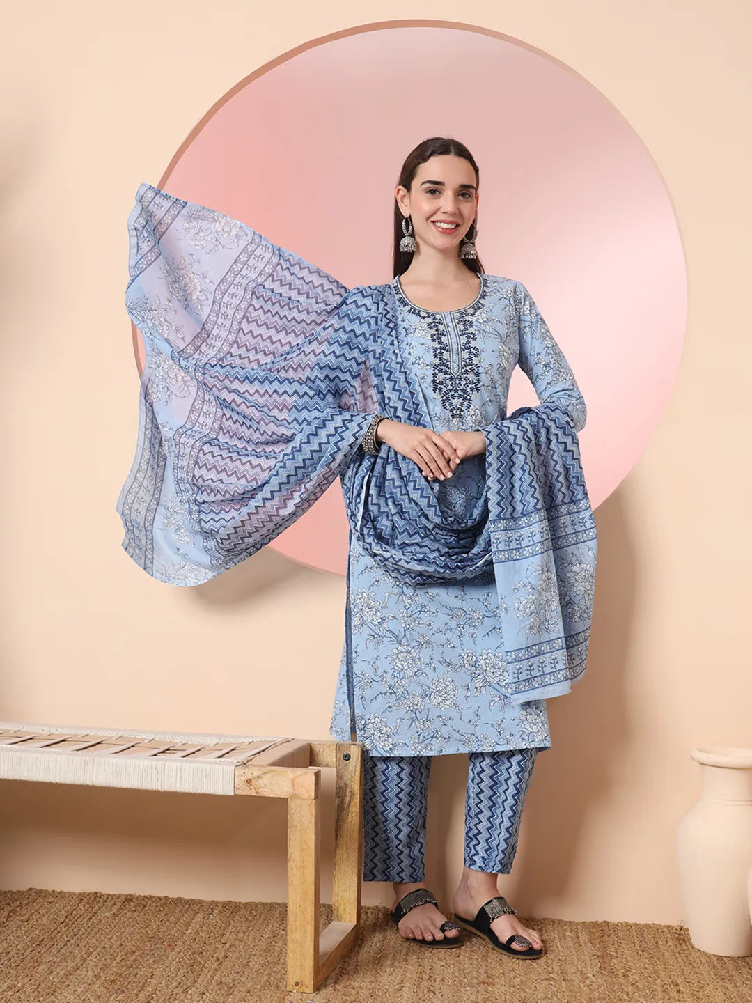 Yufta Blue Pure Cotton Embroidered Kurta Set With Pant & Dupatta | Grocsy