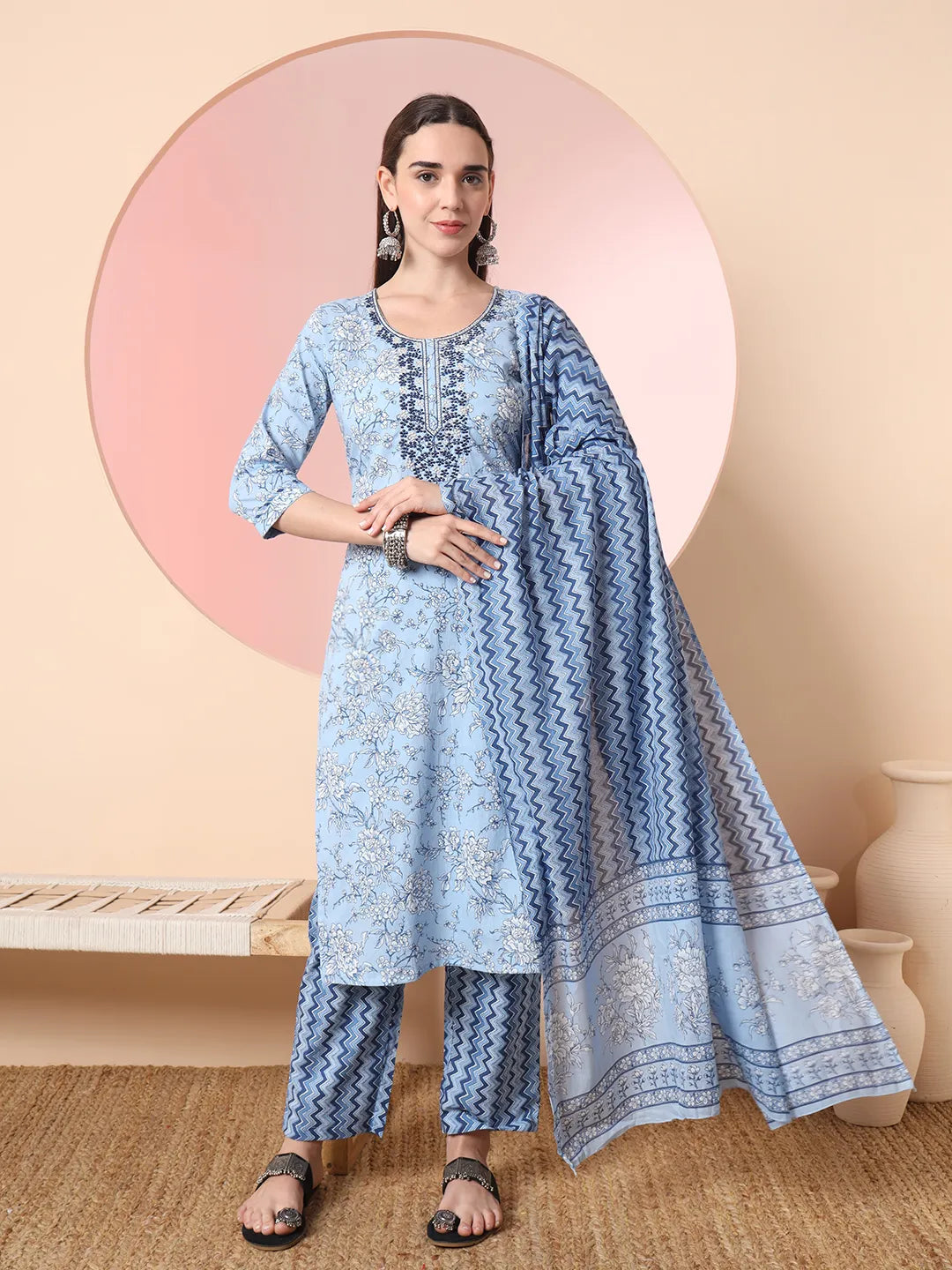 Yufta Blue Pure Cotton Embroidered Kurta Set With Pant & Dupatta | Grocsy