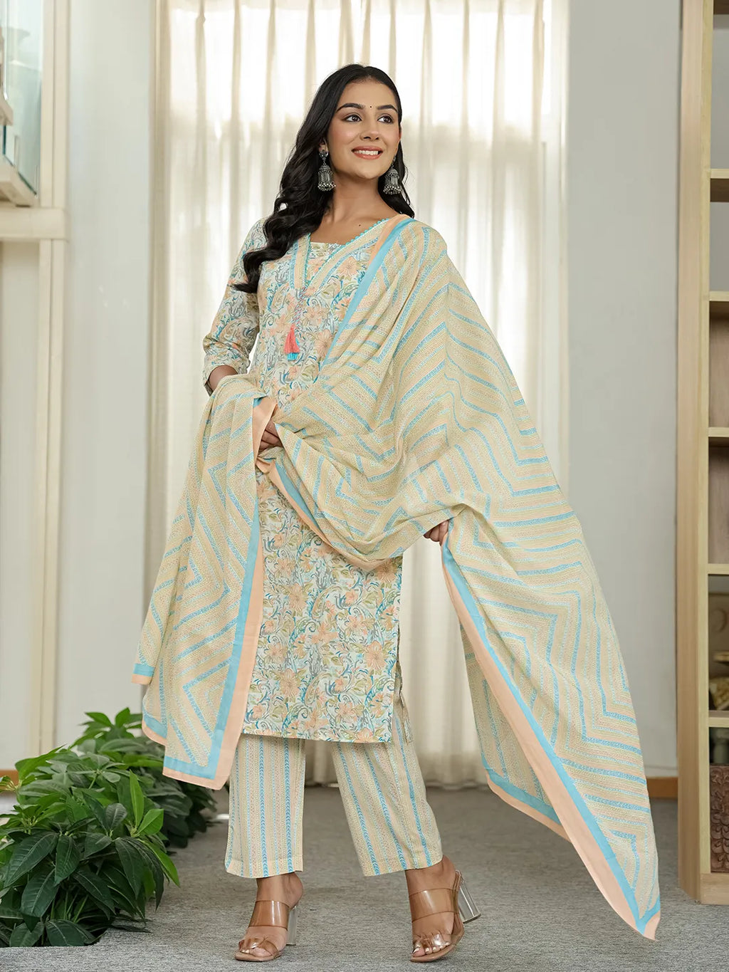 Yufta Blue Pure Cotton Floral Print Kurta Dupatta Pant Set | Grocsy