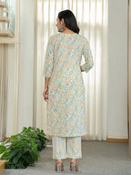 Yufta Blue Pure Cotton Floral Print Kurta Dupatta Pant Set | Grocsy