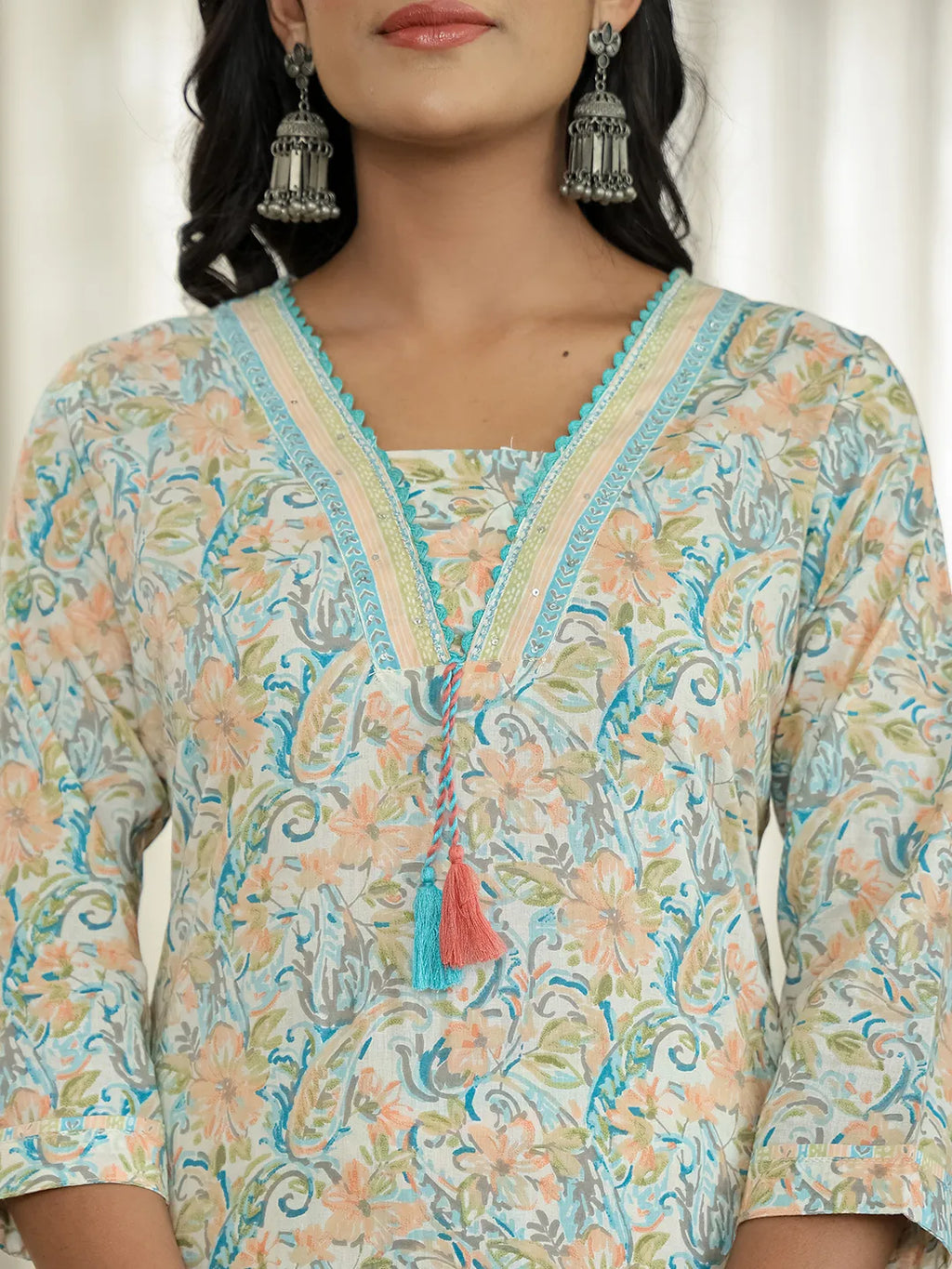 Yufta Blue Pure Cotton Floral Print Kurta Dupatta Pant Set | Grocsy