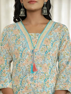 Yufta Blue Pure Cotton Floral Print Kurta Dupatta Pant Set | Grocsy