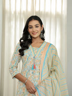 Yufta Blue Pure Cotton Floral Print Kurta Dupatta Pant Set | Grocsy
