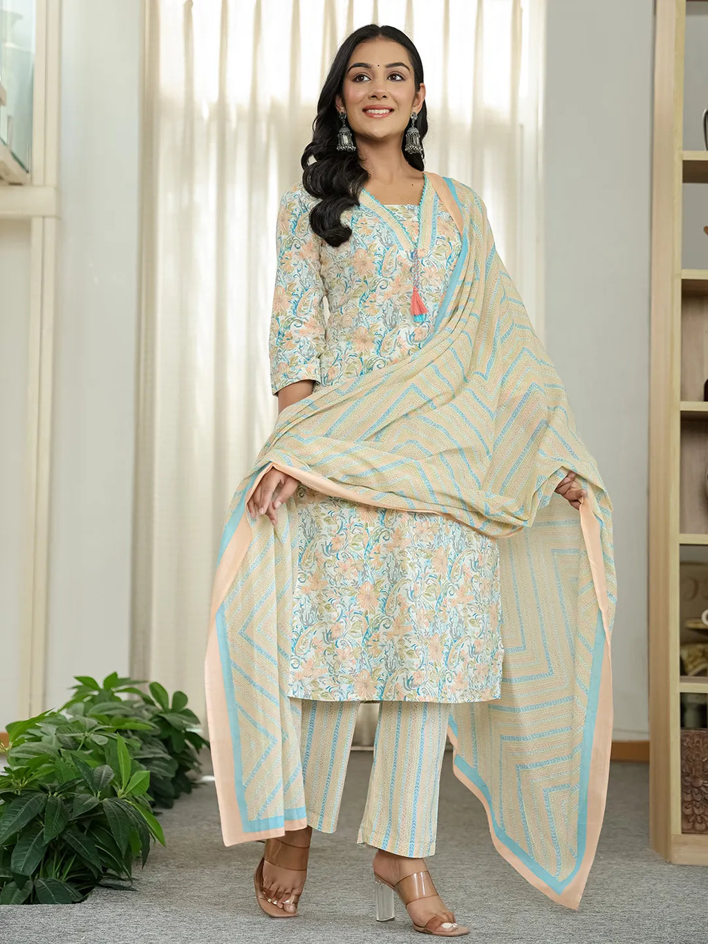 Yufta Blue Pure Cotton Floral Print Kurta Dupatta Pant Set | Grocsy