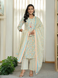Yufta Blue Pure Cotton Floral Print Kurta Dupatta Pant Set | Grocsy