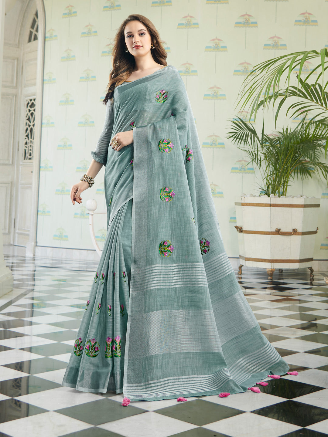 Anaita Blue Linen Embroidery Saree With Blouse | Grocsy